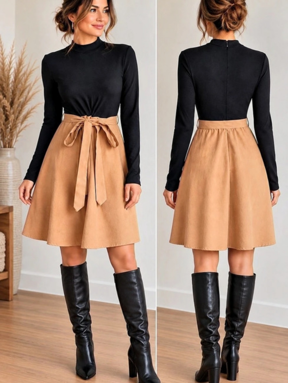 Black & Camel Mock Neck Tie Waist A-Line Dress Preppy Minimalist